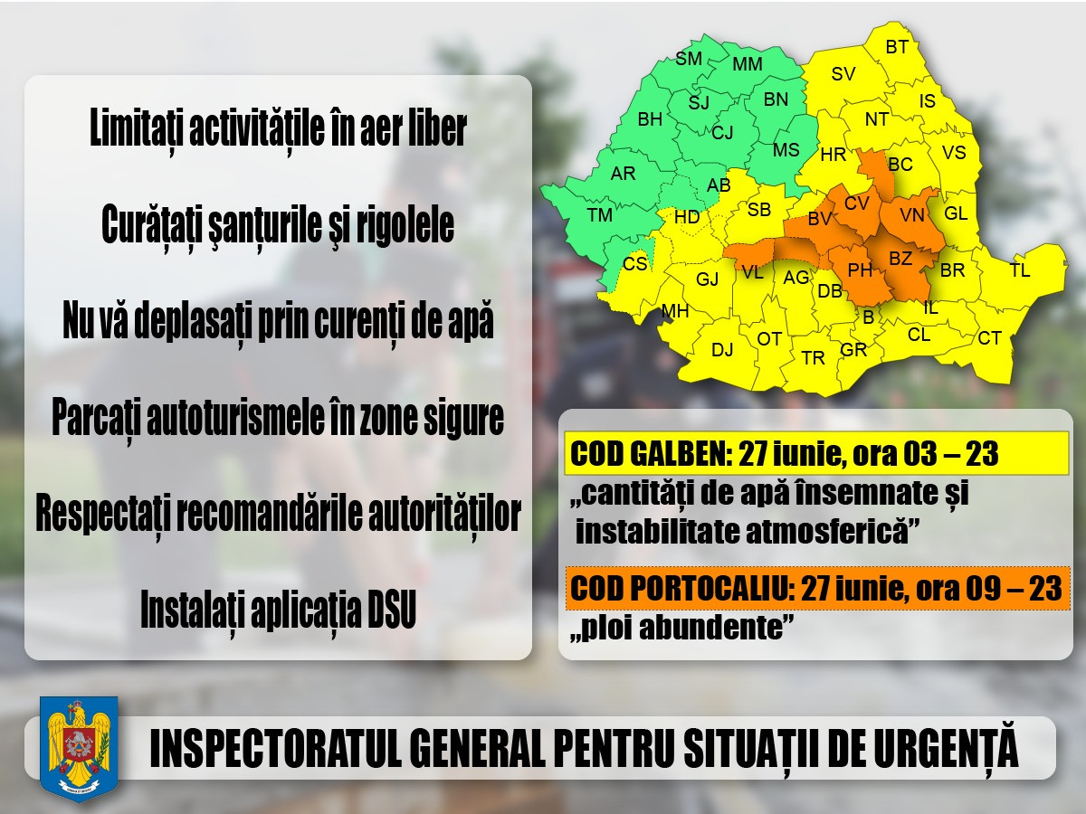 Peste 3.200 de salvatori mobilizaţi în judeţele vizate de codurile de vreme rea