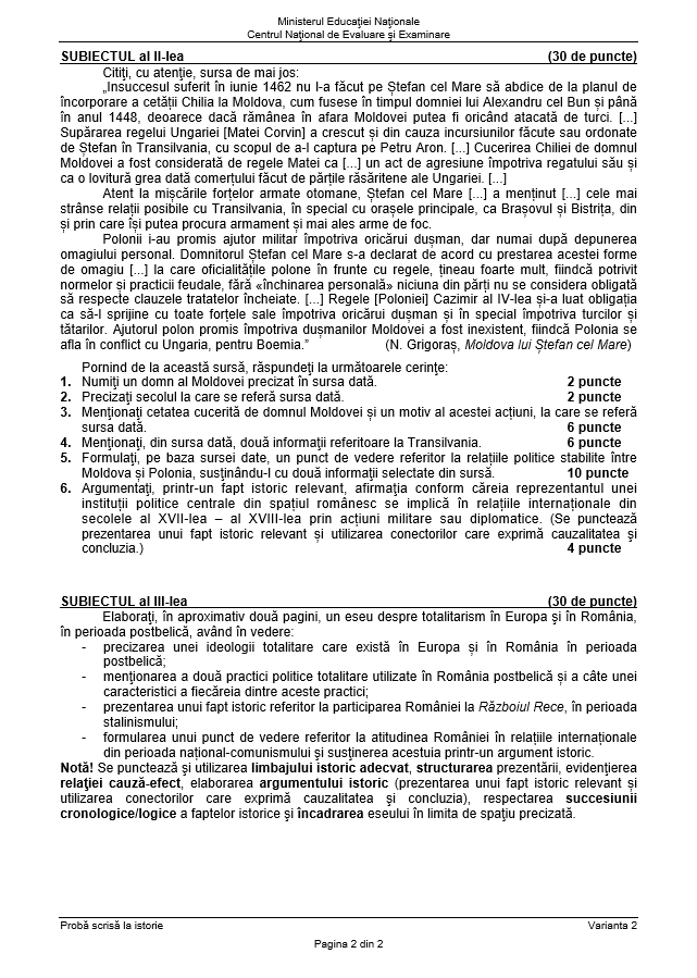 SUBIECTE și BAREM ISTORIE BACALAUREAT 2018