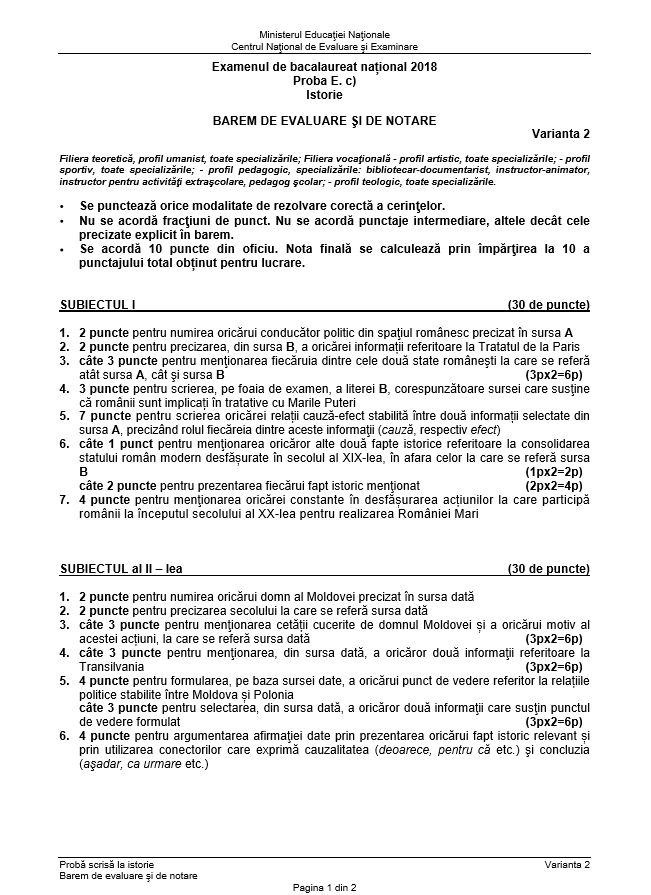 SUBIECTE și BAREM ISTORIE BACALAUREAT 2018