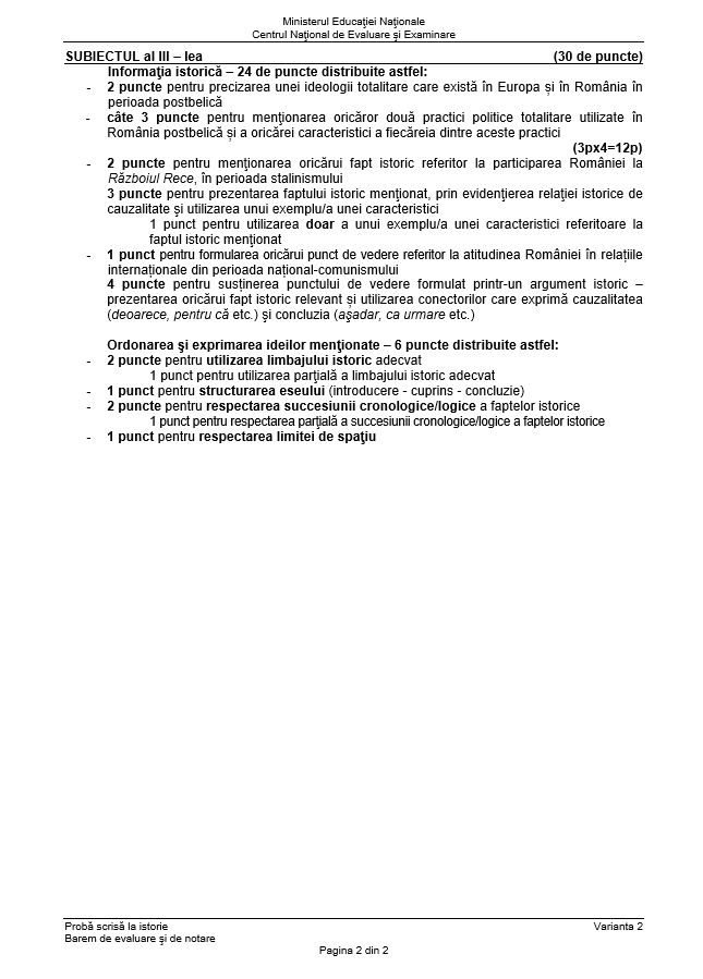 SUBIECTE și BAREM ISTORIE BACALAUREAT 2018