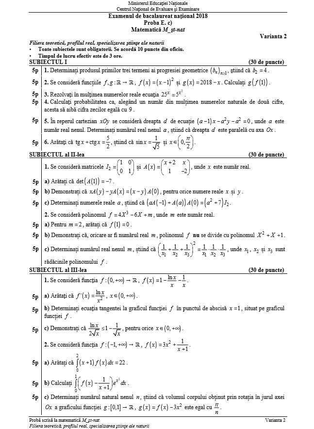subiecte mate stiintele naturii bac 2018