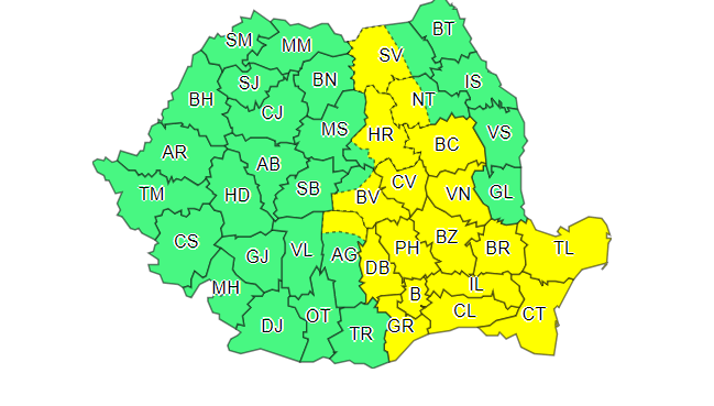 Cod galben de ploi puternice în 19 județe. Pericol de inundaţii în 4 județe