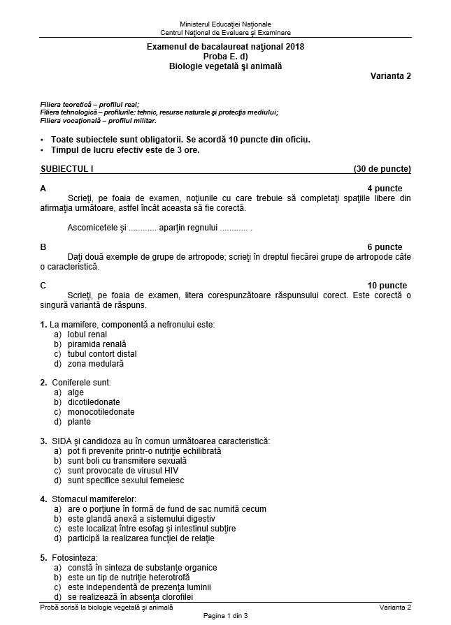 SUBIECTE și BAREM BIOLOGIE BACALAUREAT 2018