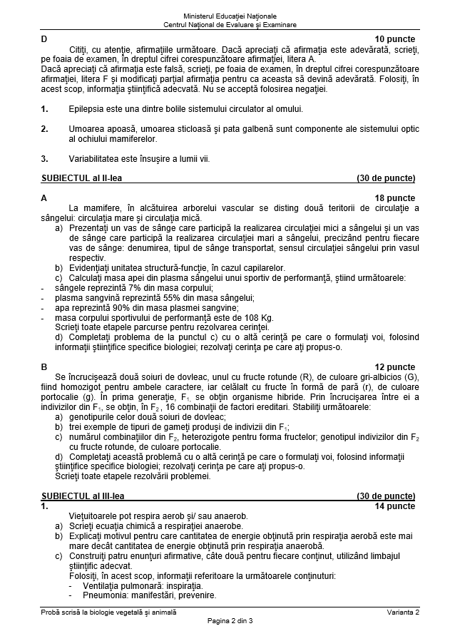 SUBIECTE și BAREM BIOLOGIE BACALAUREAT 2018