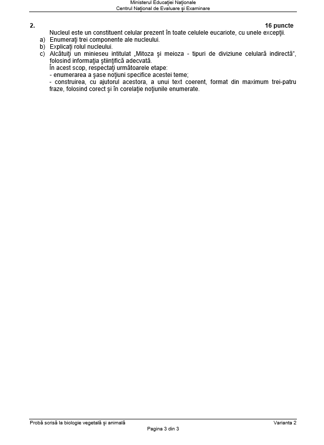 SUBIECTE și BAREM BIOLOGIE BACALAUREAT 2018