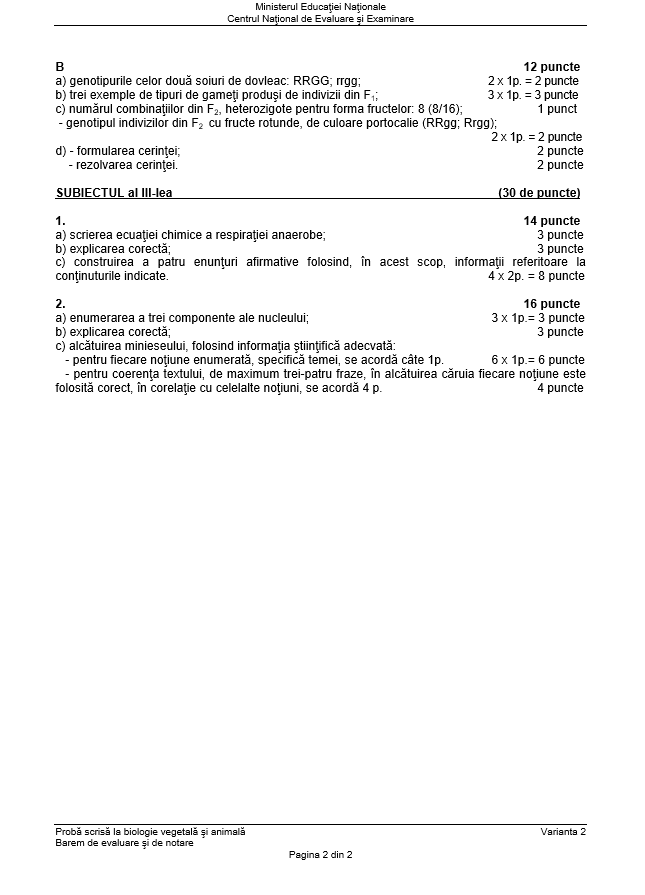 SUBIECTE și BAREM BIOLOGIE BACALAUREAT 2018