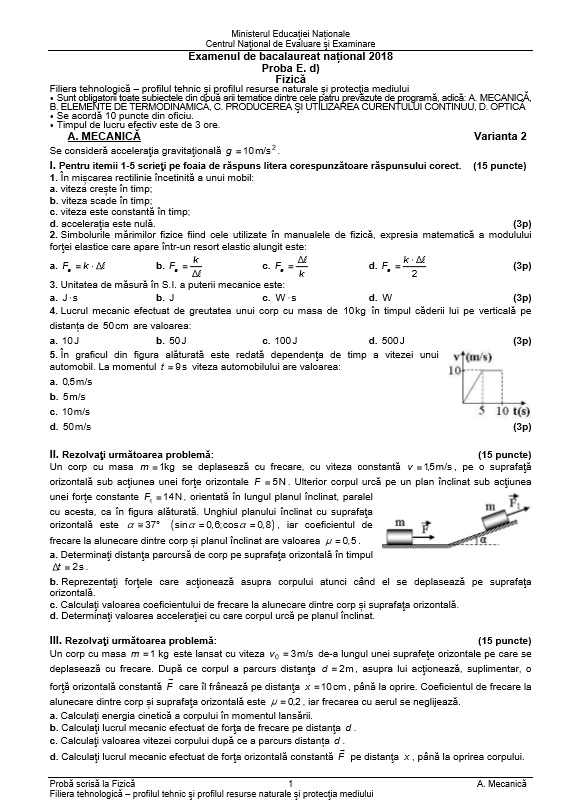 BAC 2018 SUBIECTE și BAREM FIZICĂ. Subiectele și Baremul de corectare la Bacalaureat 2018 -1