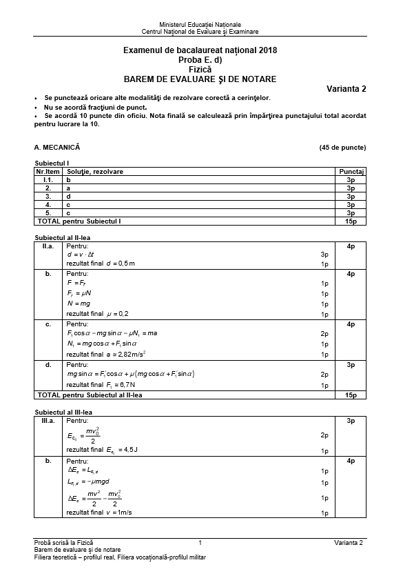 BAC 2018 SUBIECTE și BAREM FIZICĂ. Subiectele și Baremul de corectare la Bacalaureat 2018 -1b