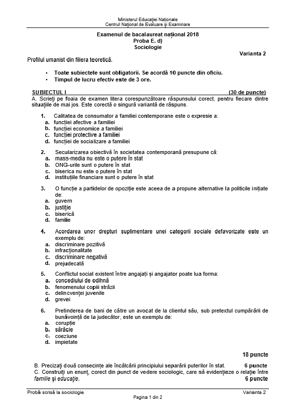 BAC 2018 SUBIECTE și BAREM SOCIOLOGIE. Subiectele și Baremul de corectare la Bacalaureat 2018