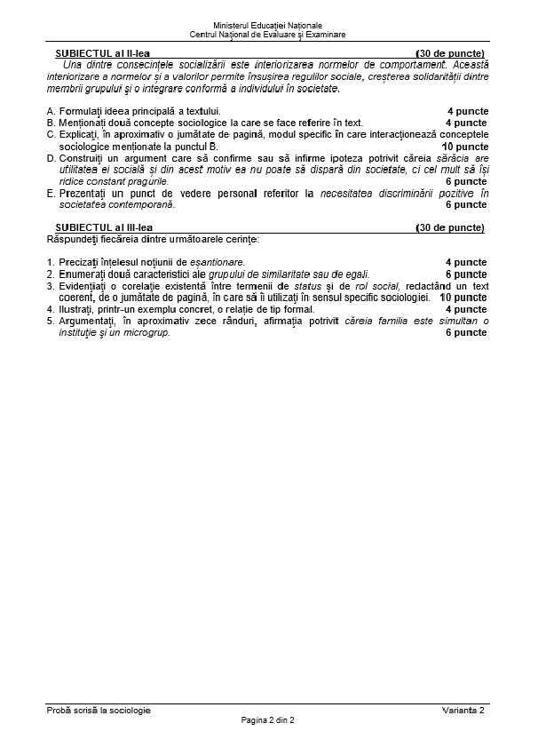 BAC 2018 SUBIECTE și BAREM SOCIOLOGIE. Subiectele și Baremul de corectare la Bacalaureat 2018