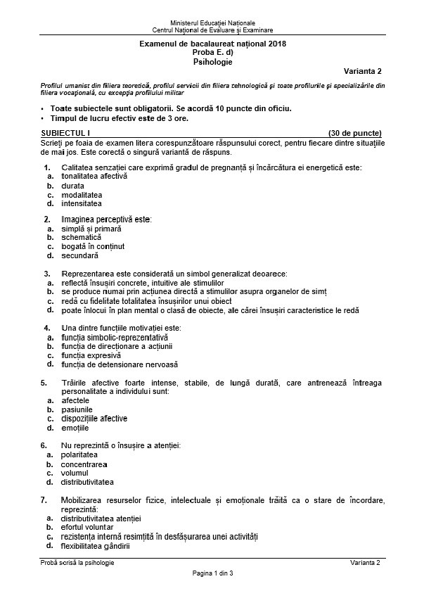 BAC 2018 SUBIECTE și BAREM PSIHOLOGIE. Subiectele și Baremul de corectare la Bacalaureat 2018