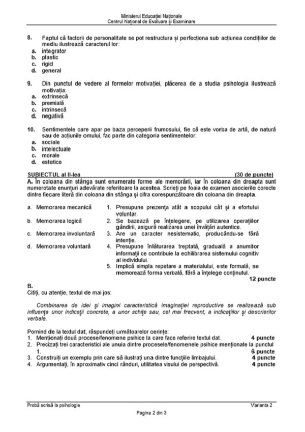 BAC 2018 SUBIECTE și BAREM PSIHOLOGIE. Subiectele și Baremul de corectare la Bacalaureat 2018