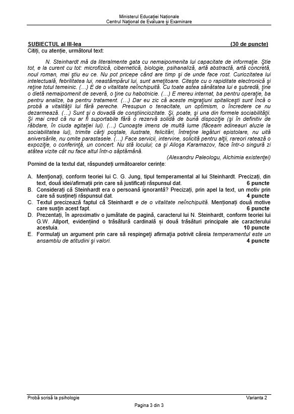 BAC 2018 SUBIECTE și BAREM PSIHOLOGIE. Subiectele și Baremul de corectare la Bacalaureat 2018