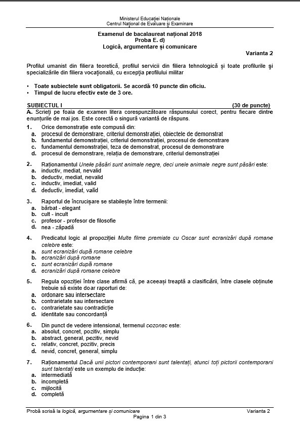 BAC 2018 SUBIECTE și BAREM LOGICĂ. Subiectele și Baremul de corectare la Bacalaureat 2018