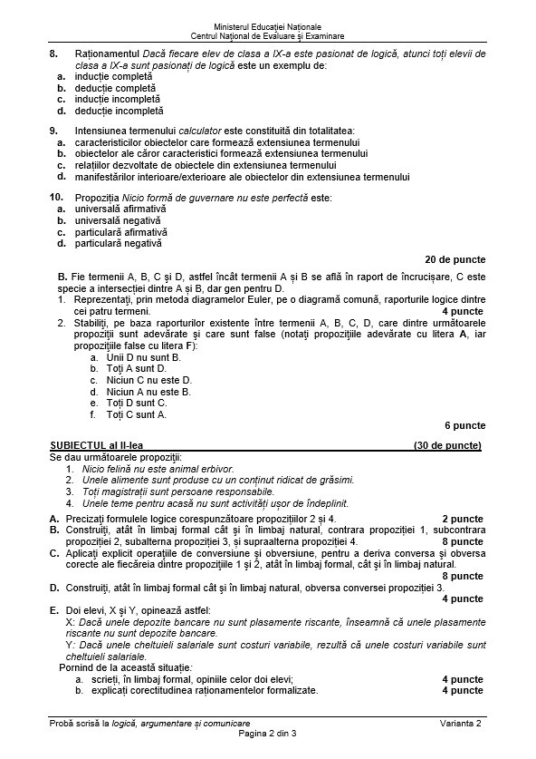 BAC 2018 SUBIECTE și BAREM LOGICĂ. Subiectele și Baremul de corectare la Bacalaureat 2018