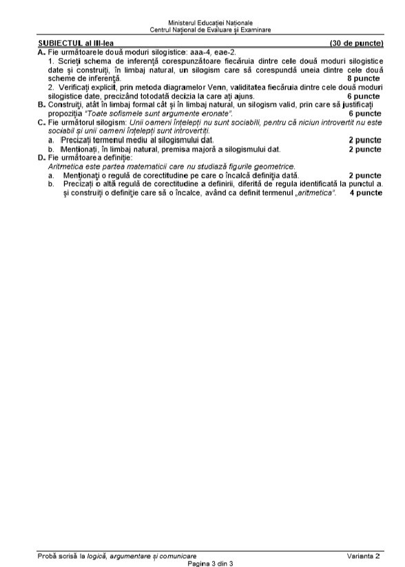 BAC 2018 SUBIECTE și BAREM LOGICĂ. Subiectele și Baremul de corectare la Bacalaureat 2018