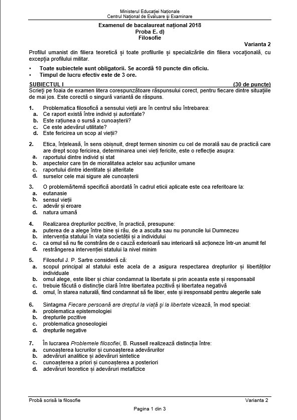 BAC 2018 SUBIECTE și BAREM FILOSOFIE. Subiectele și Baremul de corectare la Bacalaureat 2018