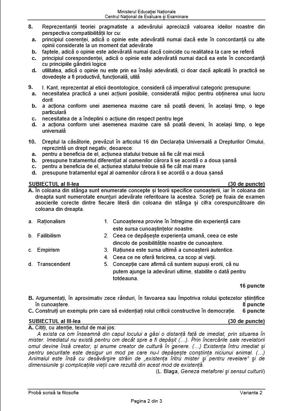 BAC 2018 SUBIECTE și BAREM FILOSOFIE. Subiectele și Baremul de corectare la Bacalaureat 2018