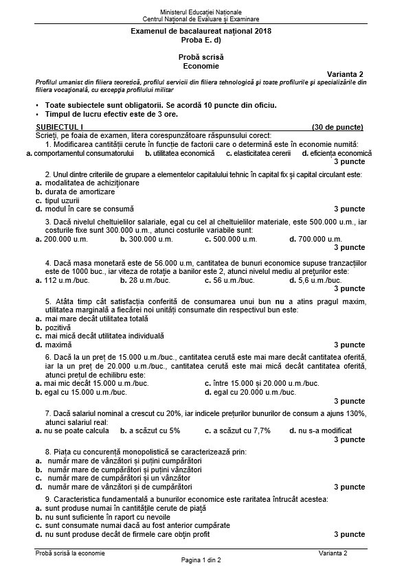 BAC 2018 SUBIECTE și BAREM ECONOMIE. Subiectele și Baremul de corectare la Bacalaureat 2018