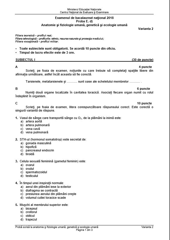 BAC 2018 SUBIECTE și BAREM Anatomie şi fiziologie umană, genetică şi ecologie umană. Subiectele și Baremul de corectare la Bacalaureat 2018