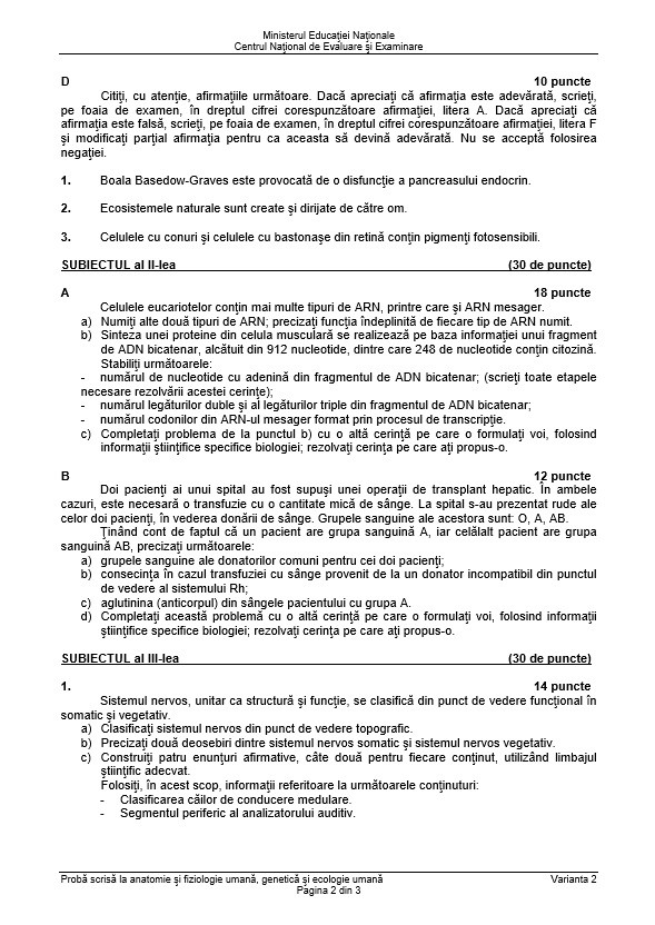 BAC 2018 SUBIECTE și BAREM Anatomie şi fiziologie umană, genetică şi ecologie umană. Subiectele și Baremul de corectare la Bacalaureat 2018