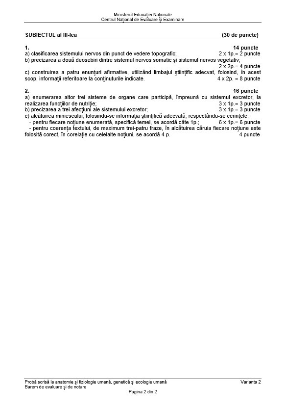 BAC 2018 SUBIECTE și BAREM Anatomie şi fiziologie umană, genetică şi ecologie umană. Subiectele și Baremul de corectare la Bacalaureat 2018