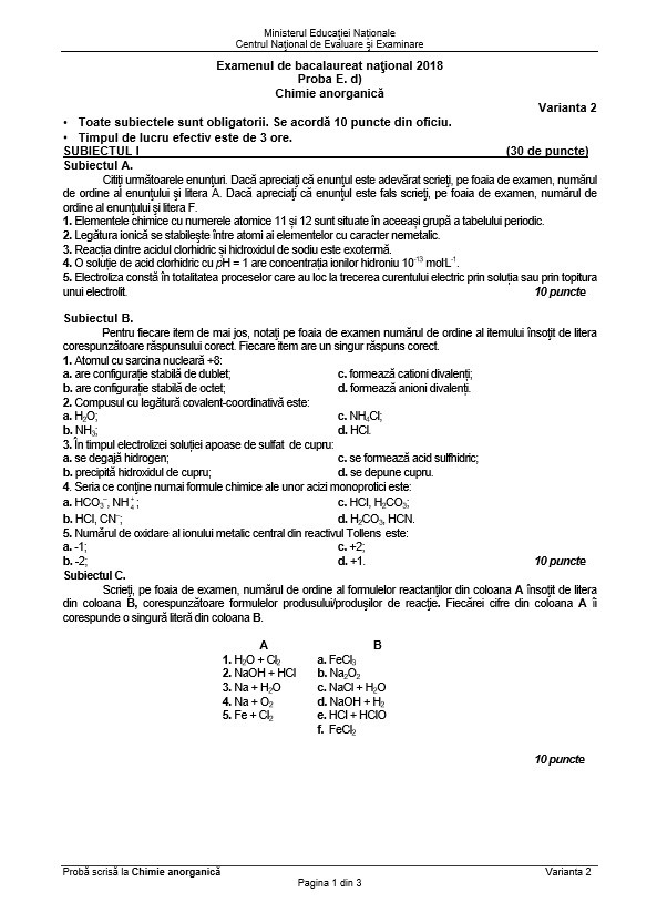 BAC 2018 SUBIECTE și BAREM CHIMIE ANORGANICĂ. Subiectele și Baremul de corectare la Bacalaureat 2018