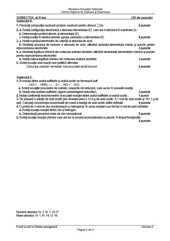 BAC 2018 SUBIECTE și BAREM CHIMIE ANORGANICĂ. Subiectele și Baremul de corectare la Bacalaureat 2018