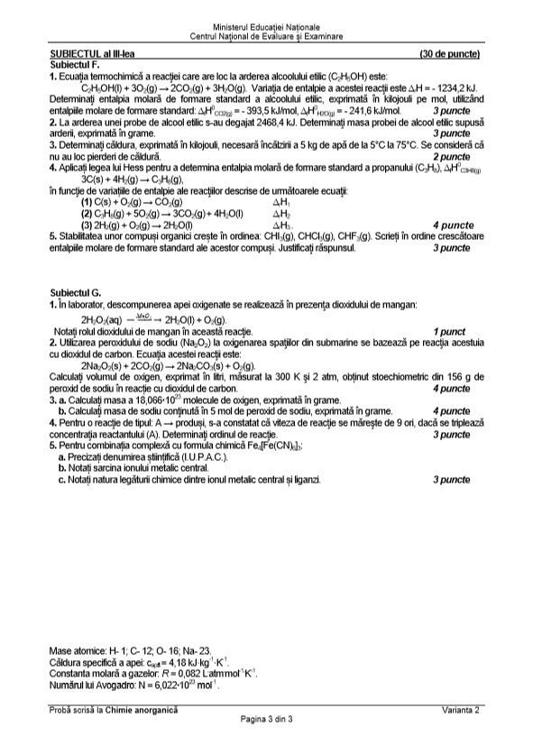BAC 2018 SUBIECTE și BAREM CHIMIE ANORGANICĂ. Subiectele și Baremul de corectare la Bacalaureat 2018