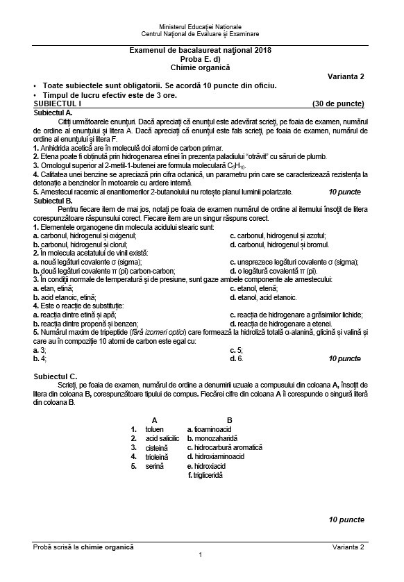 BAC 2018 SUBIECTE și BAREM CHIMIE ORGANICĂ. Subiectele și Baremul de corectare la Bacalaureat 2018
