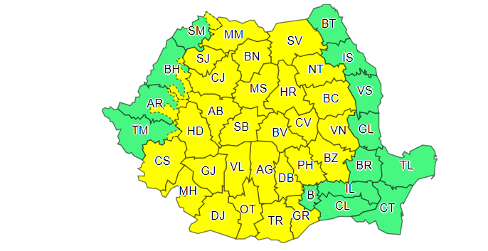 31 de județe, vizate de un cod galben de ploi începând de sâmbătă