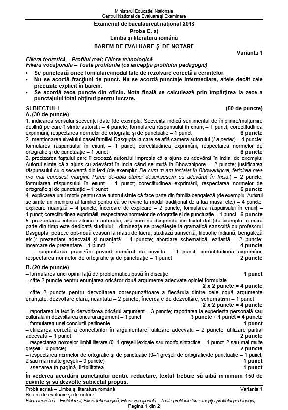 Subiecte și barem de corectare BAC 2018 la Limba și Literatura Rom&acirc;nă