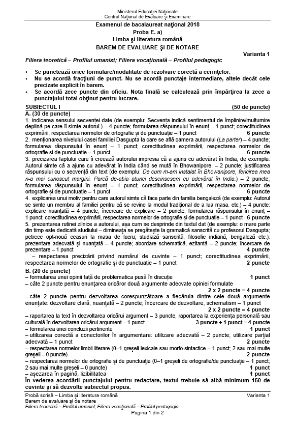 Subiecte și barem de corectare BAC 2018 la Limba și Literatura Rom&acirc;nă