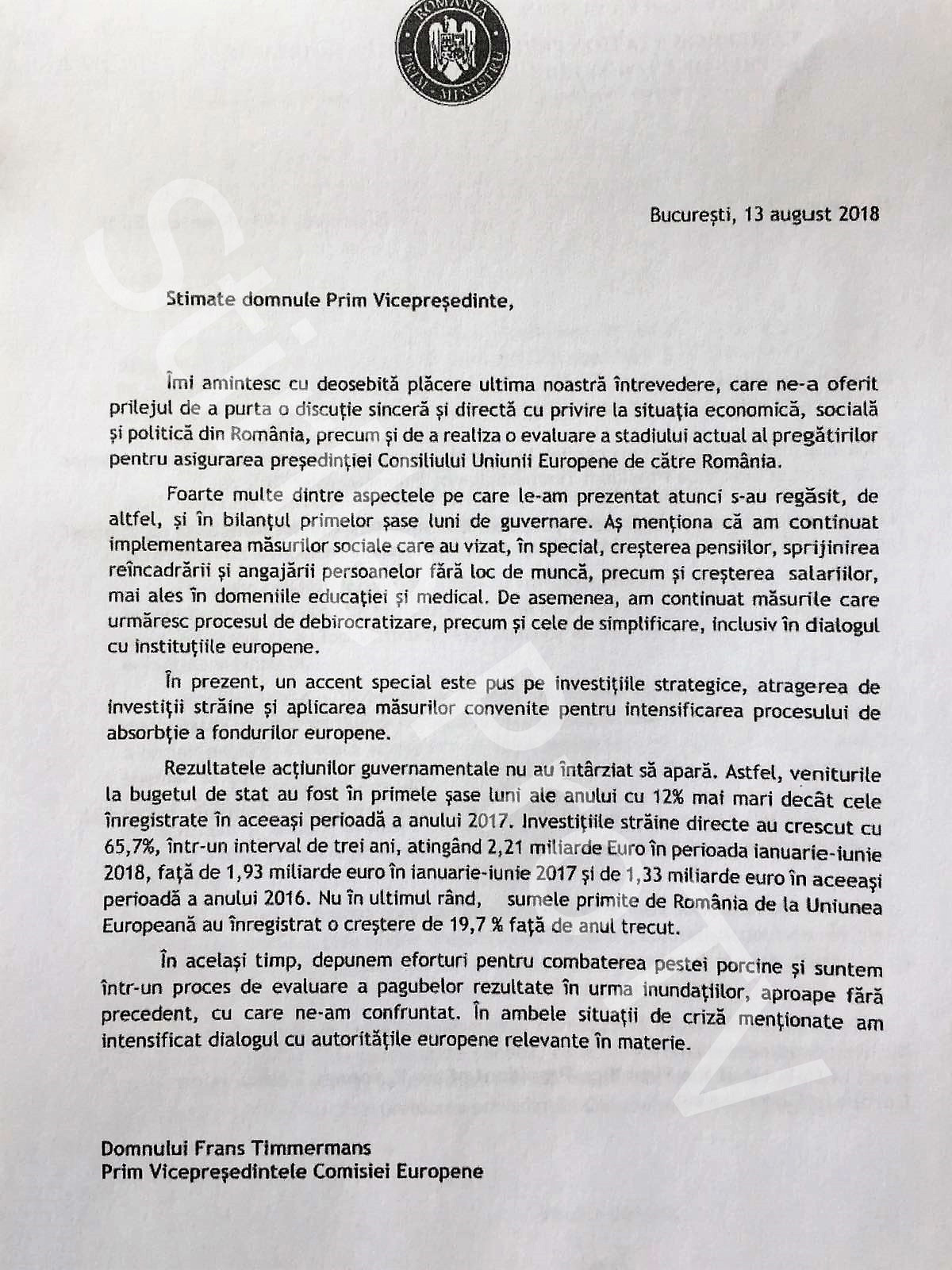 Scrisoarea premierului Viorica Dancila catre Comisia Europeana