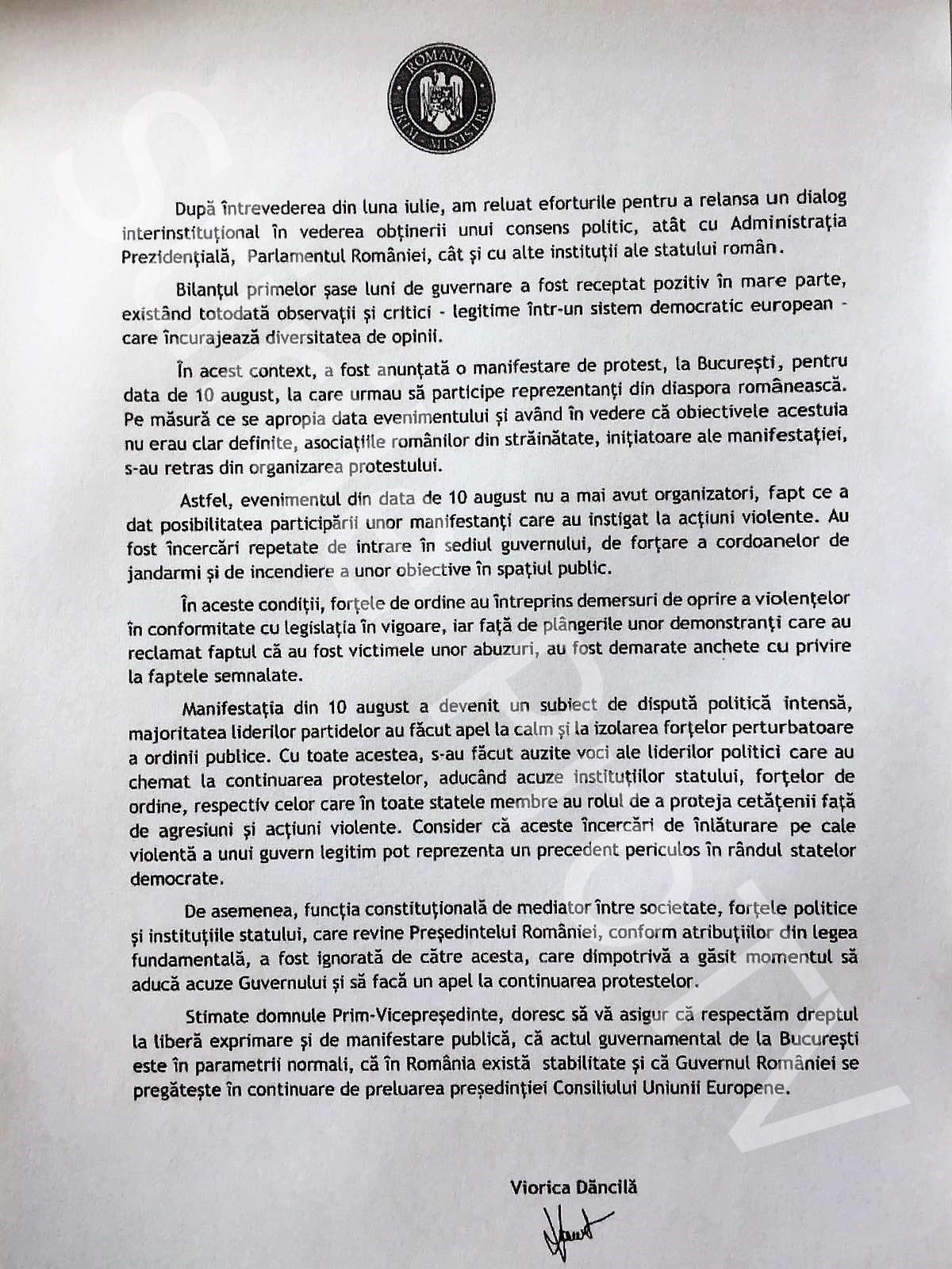 Scrisoarea premierului Viorica Dancila catre Comisia Europeana