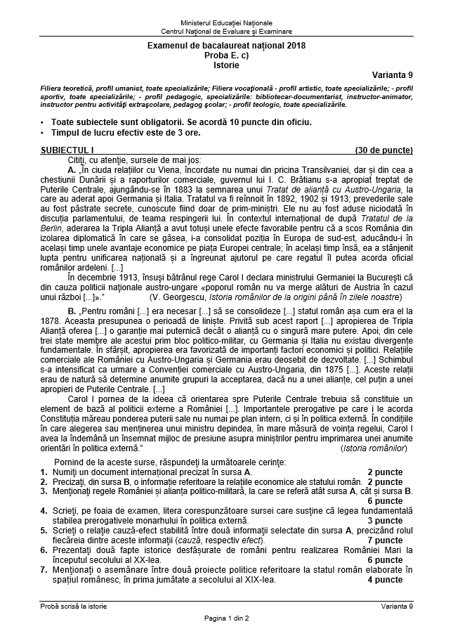 Subiecte și barem de corectare BAC 2018 la istorie