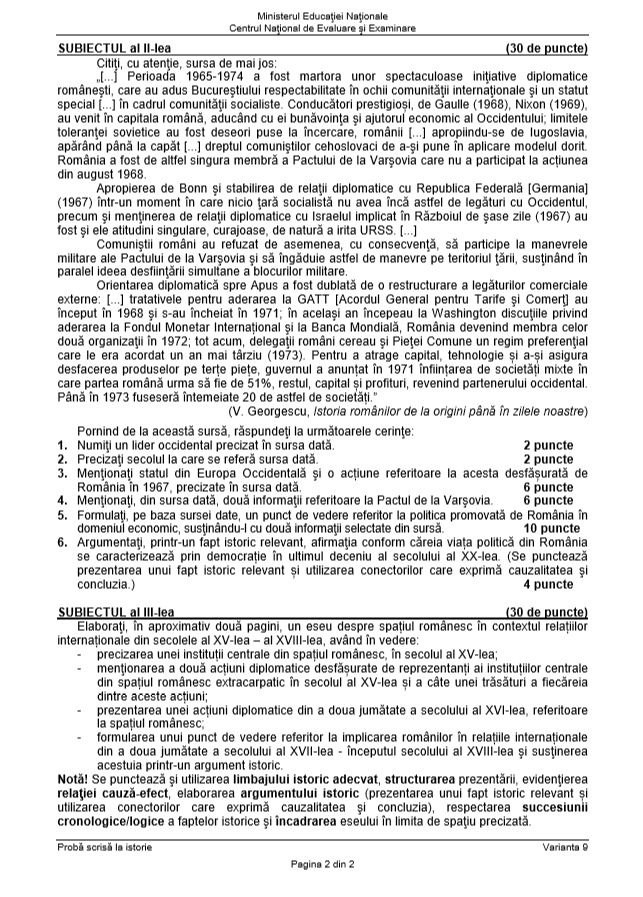 Subiecte și barem de corectare BAC 2018 la istorie