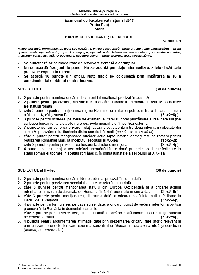 Subiecte și barem de corectare BAC 2018 la istorie