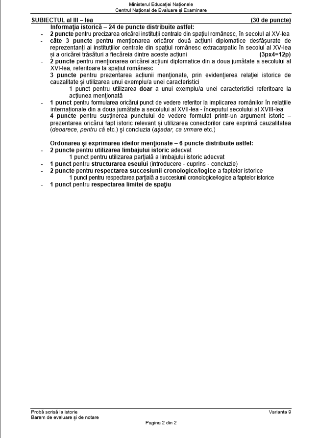 Subiecte și barem de corectare BAC 2018 la istorie