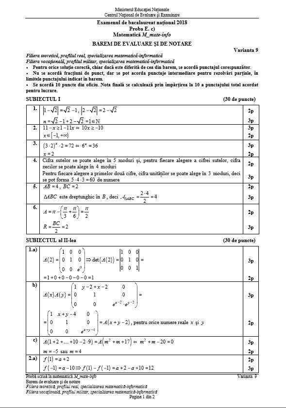 Subiecte și barem de corectare BAC 2018 la matematică