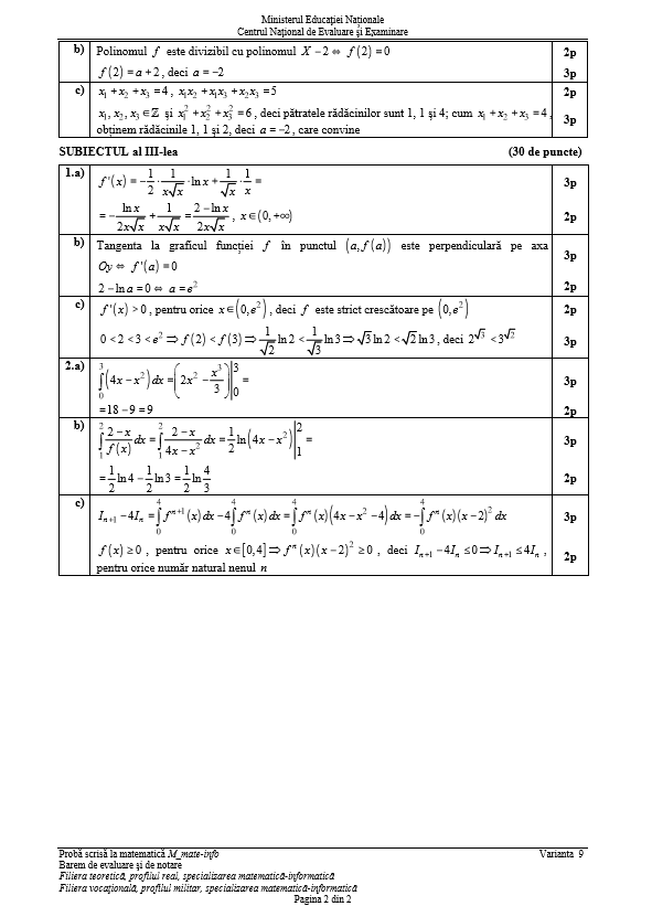 Subiecte și barem de corectare BAC 2018 la matematică