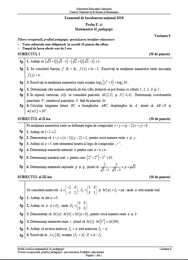 Subiecte și barem de corectare BAC 2018 la matematică