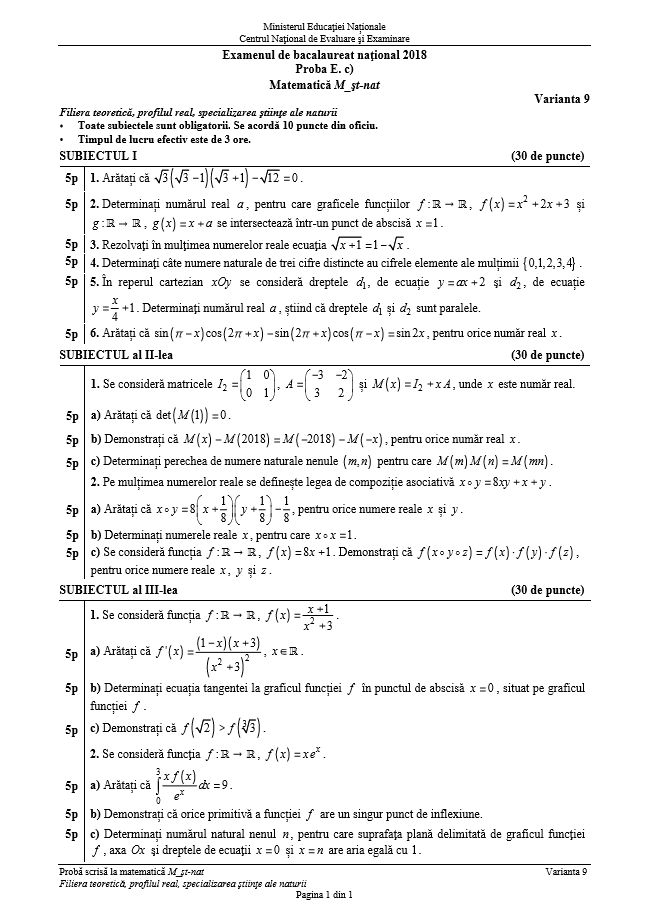 Subiecte și barem de corectare BAC 2018 la matematică