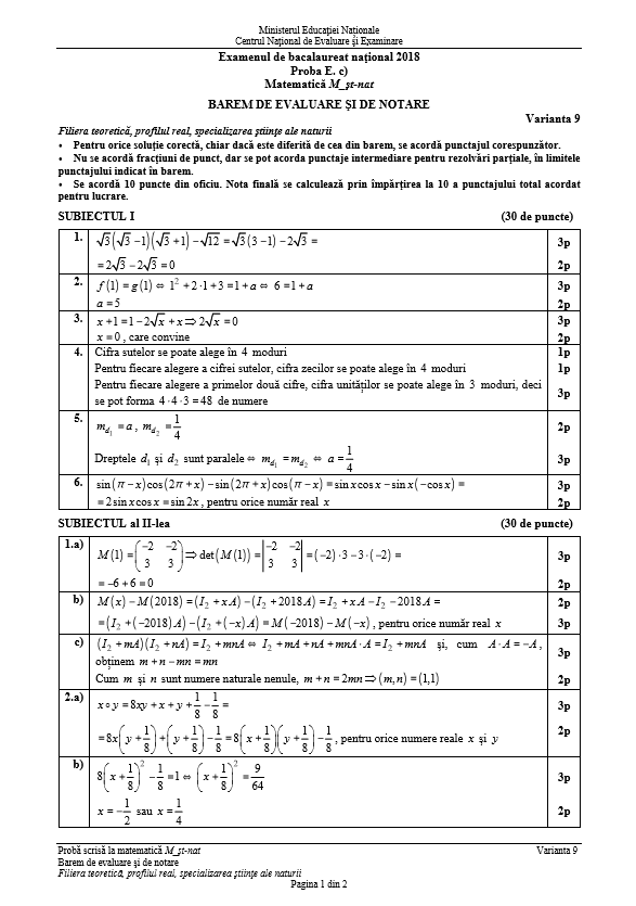 Subiecte și barem de corectare BAC 2018 la matematică