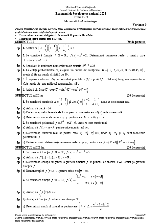 Subiecte și barem de corectare BAC 2018 la matematică
