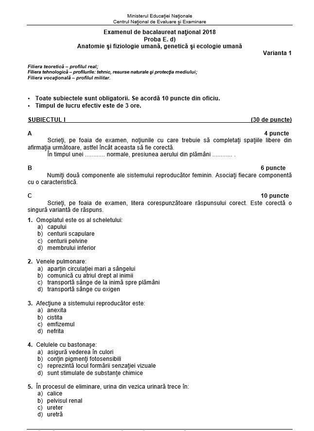 subiecte anatomie bac 2018