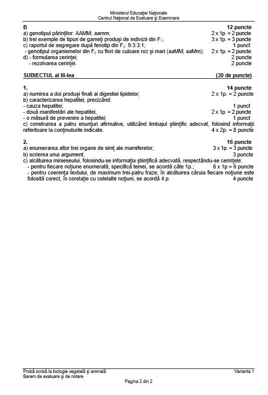 Barem biologie Bac 2018 - sesiunea de toamnă