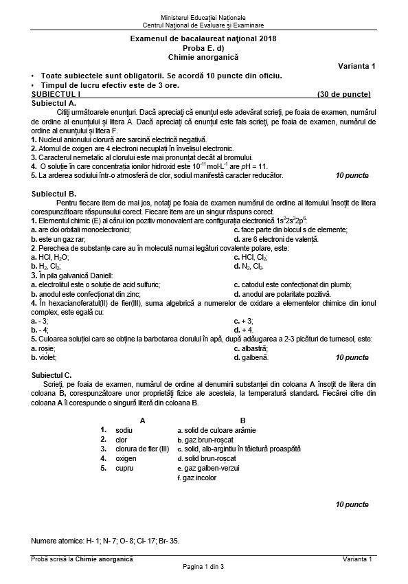 subiecte chimie anorganica bac 2018 sesiunea de toamna