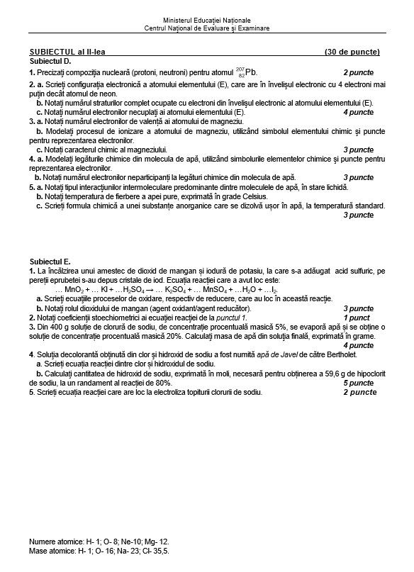 subiecte chimie anorganica bac 2018 sesiunea de toamna