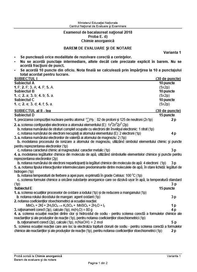 Barem chimie anorganică Bac 2018 - sesiunea de toamnă